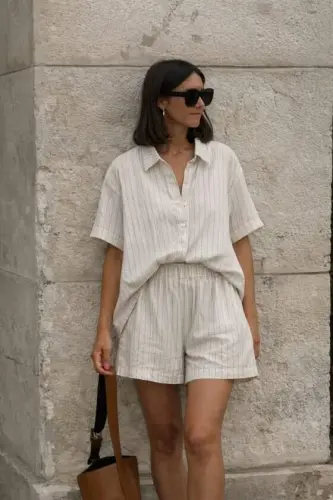 Kadın Kısa Kollu çizgili Modal Kumaş Gömlek Ve Yüksek Bel Lastik Detay şort Ikili Takım - BÜYÜKBEDENIZ (1)