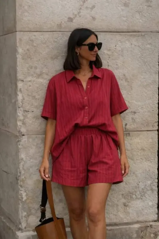 Kadın Kısa Kollu çizgili Modal Kumaş Gömlek Ve Yüksek Bel Lastik Detay şort Ikili Takım - 2