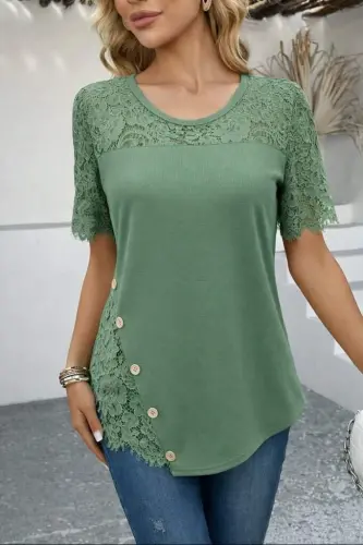 Kadın Kısa Kollu Dantel Detaylı Yandan Düğmeli Waffle Bluz - 1