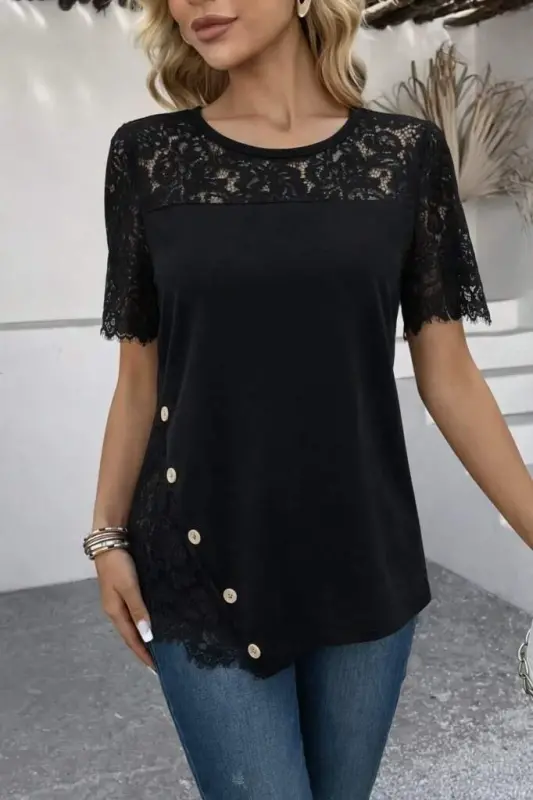 Kadın Kısa Kollu Dantel Detaylı Yandan Düğmeli Waffle Bluz - 1