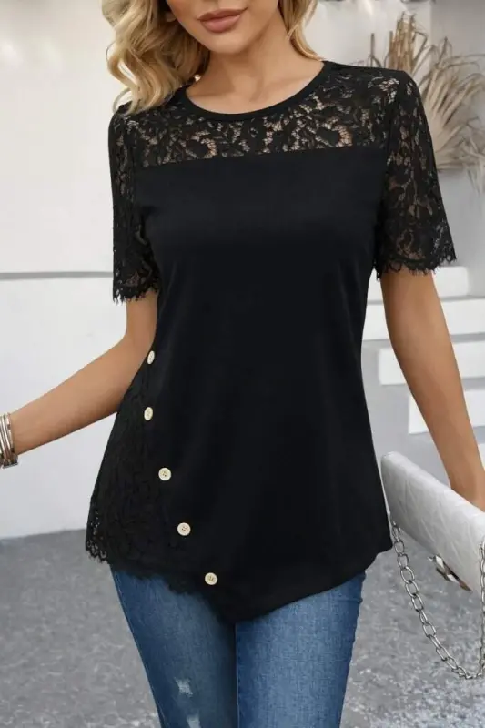 Kadın Kısa Kollu Dantel Detaylı Yandan Düğmeli Waffle Bluz - 2
