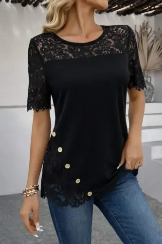 Kadın Kısa Kollu Dantel Detaylı Yandan Düğmeli Waffle Bluz - 3
