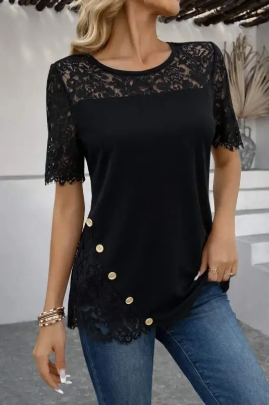 Kadın Kısa Kollu Dantel Detaylı Yandan Düğmeli Waffle Bluz - 3
