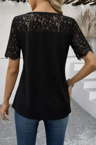 Kadın Kısa Kollu Dantel Detaylı Yandan Düğmeli Waffle Bluz - 4