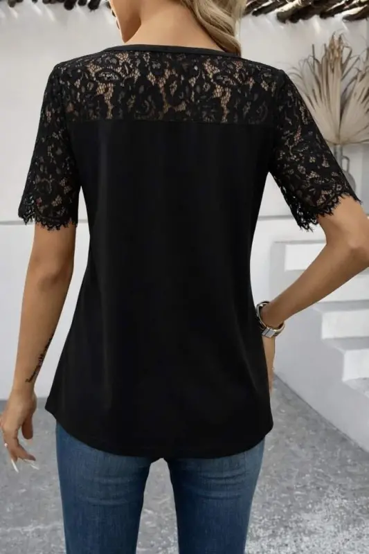 Kadın Kısa Kollu Dantel Detaylı Yandan Düğmeli Waffle Bluz - 4