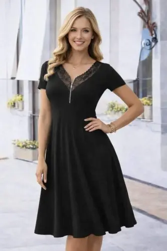 Kadın Kısa Kollu Dantel V Fermuar Yakalıuzun Viskon Elbise - 1