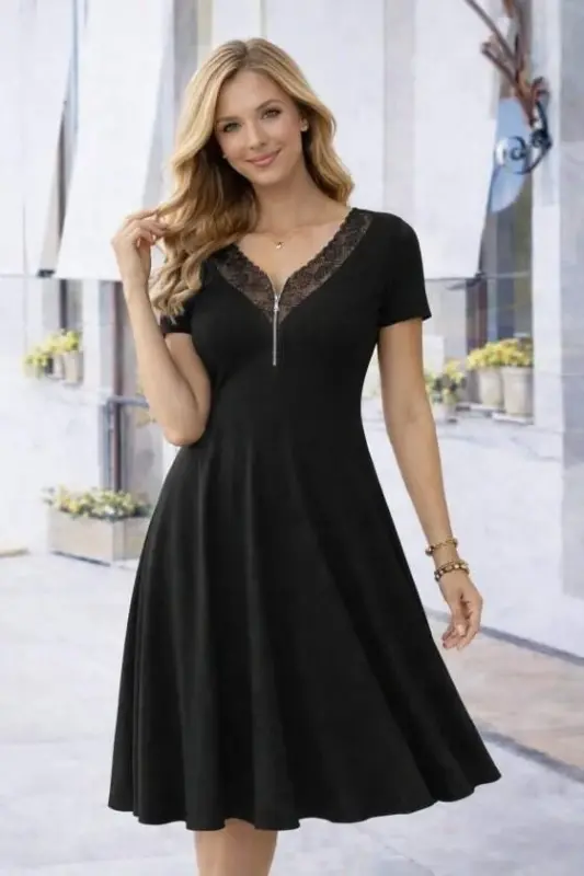 Kadın Kısa Kollu Dantel V Fermuar Yakalıuzun Viskon Elbise - 3