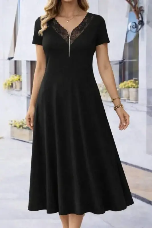 Kadın Kısa Kollu Dantel V Fermuar Yakalıuzun Viskon Elbise - 4