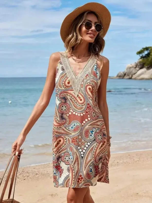 Kadın Kısa Kollu Dantel V Yakalı Desenli Süprem Elbise - BÜYÜKBEDENIZ