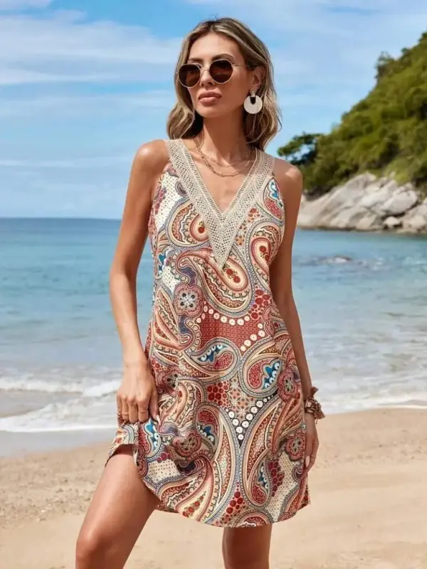 Kadın Kısa Kollu Dantel V Yakalı Desenli Süprem Elbise - 5