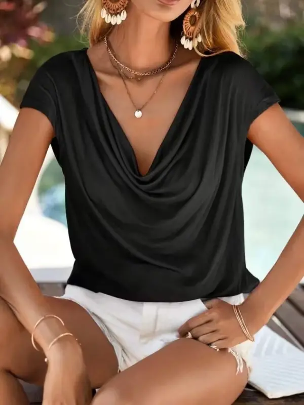 Kadın Kısa Kollu Degaje Yakalı Viskon Bluz - BÜYÜKBEDENIZ