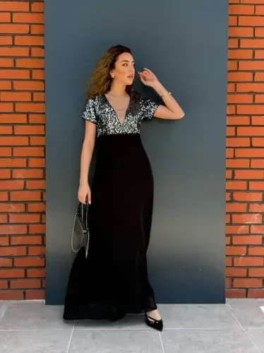 Kadın Kısa Kollu Derin V Yakalı A Kesim Pulpayet Detaylı şifon Nedime Elbisesi - 1