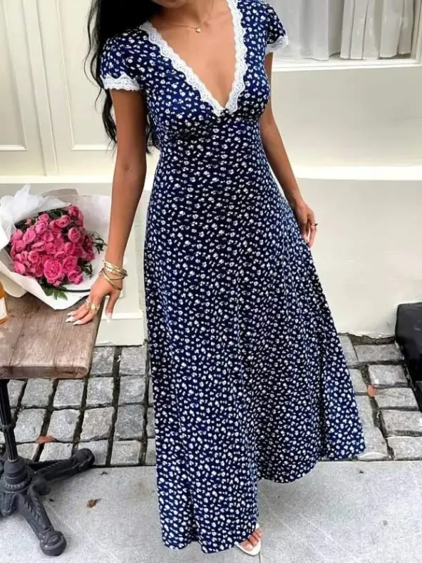 Kadın Kısa Kollu Derin V Yakalı Dantel Detaylı çiçek Desenli Uzun Süprem Elbise - BÜYÜKBEDENIZ