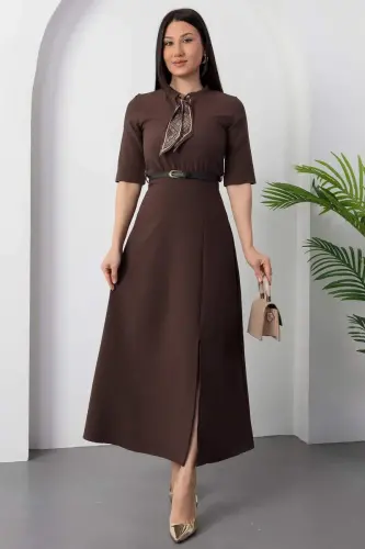 Kadın Kısa Kollu Fular Ve Kemer Detay önden Yırtmaçlı Maxi Boy Elbise - 1