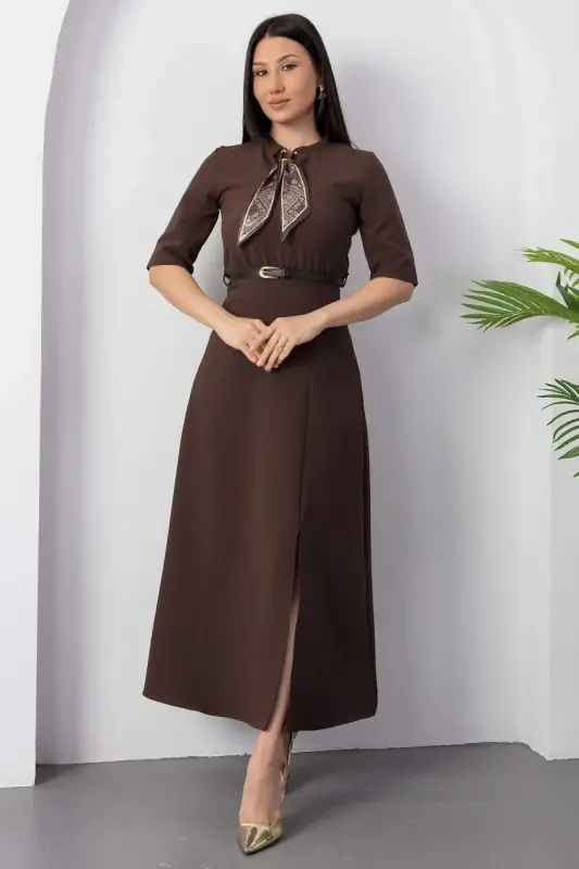 Kadın Kısa Kollu Fular Ve Kemer Detay önden Yırtmaçlı Maxi Boy Elbise - 2