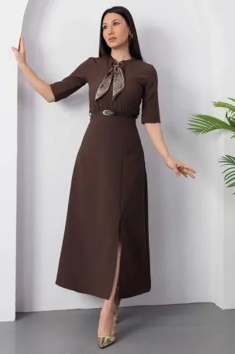 Kadın Kısa Kollu Fular Ve Kemer Detay önden Yırtmaçlı Maxi Boy Elbise - 3