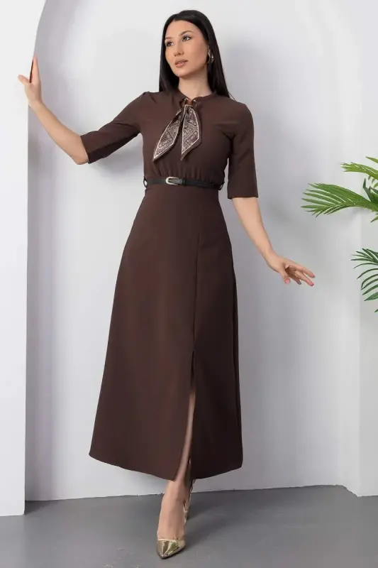 Kadın Kısa Kollu Fular Ve Kemer Detay önden Yırtmaçlı Maxi Boy Elbise - 3