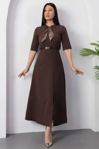 Kadın Kısa Kollu Fular Ve Kemer Detay önden Yırtmaçlı Maxi Boy Elbise - 4