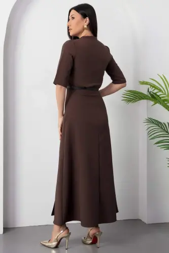 Kadın Kısa Kollu Fular Ve Kemer Detay önden Yırtmaçlı Maxi Boy Elbise - 6