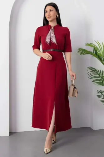 Kadın Kısa Kollu Fular Ve Kemer Detay önden Yırtmaçlı Maxi Boy Elbise - 1