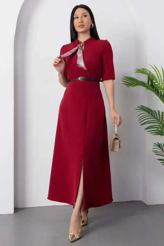 Kadın Kısa Kollu Fular Ve Kemer Detay önden Yırtmaçlı Maxi Boy Elbise - 2