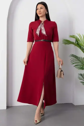 Kadın Kısa Kollu Fular Ve Kemer Detay önden Yırtmaçlı Maxi Boy Elbise - 3