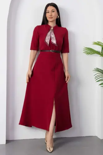 Kadın Kısa Kollu Fular Ve Kemer Detay önden Yırtmaçlı Maxi Boy Elbise - 4