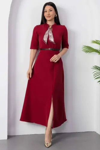 Kadın Kısa Kollu Fular Ve Kemer Detay önden Yırtmaçlı Maxi Boy Elbise - 5