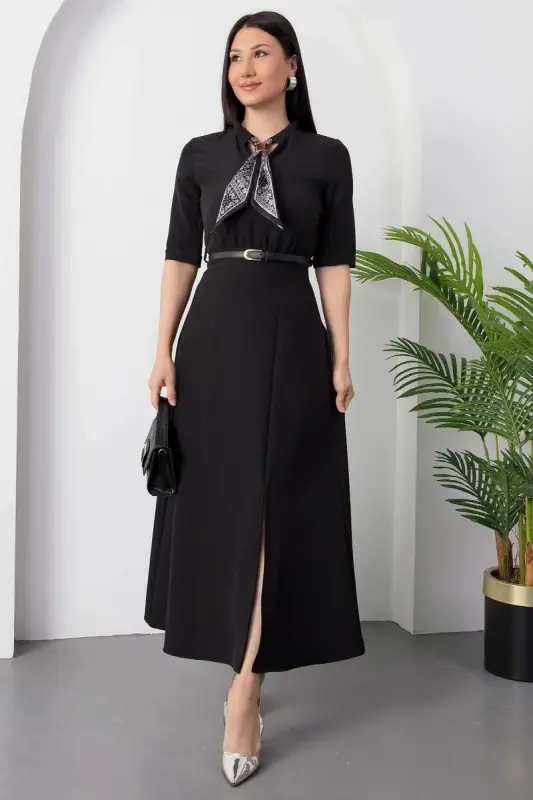 Kadın Kısa Kollu Fular Ve Kemer Detay önden Yırtmaçlı Maxi Boy Elbise - BÜYÜKBEDENIZ