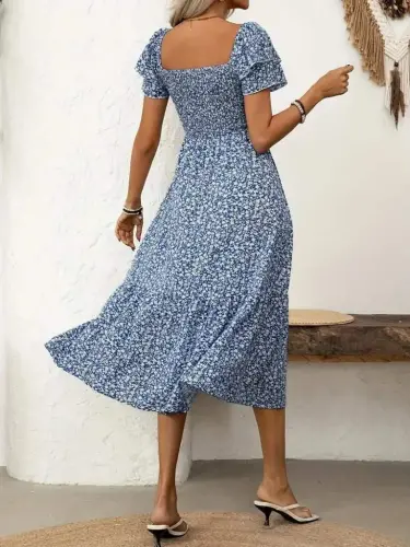 Kadın Kısa Kollu Gipe Detaylı Desenli Midi Süprem Elbise - 6