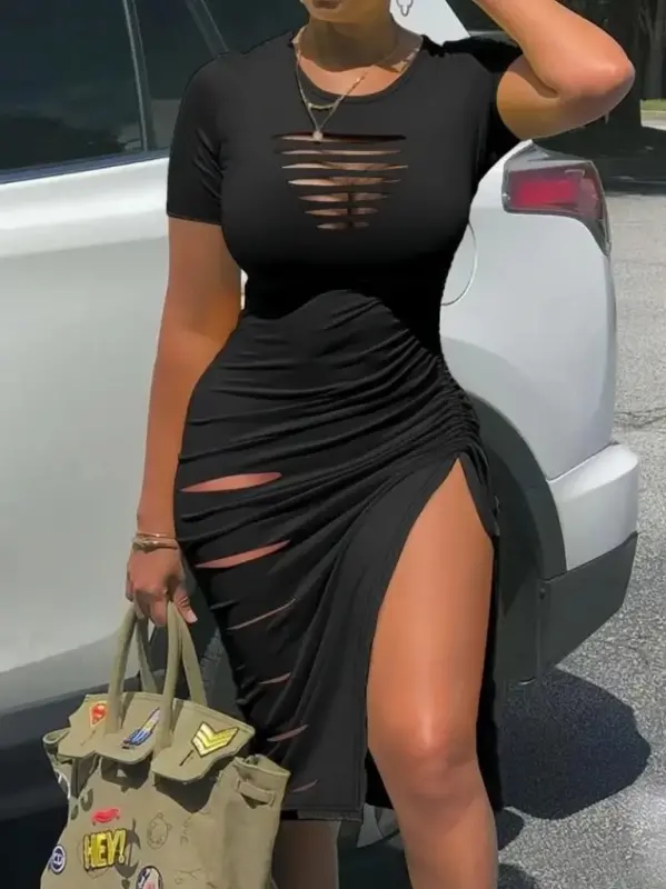 Kadın Kısa Kollu Göğüs Ve Bacak Kesik Ve Derin Büzgülü Yırtmaç Detay Viskon Midi Boy Elbise - 2