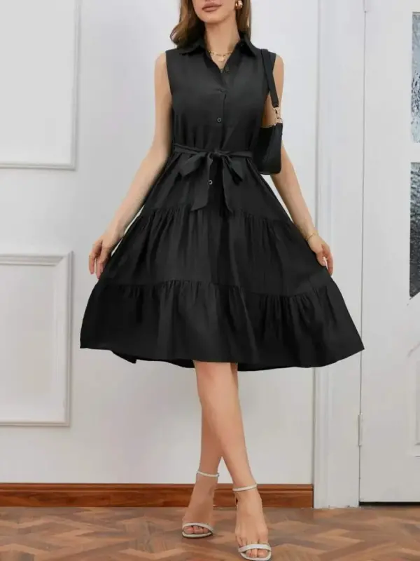 Kadın Kısa Kollu Gömlek Yaka Düğmeli Beli Kuşaklı Katlı Dokuma Midi Elbise - BÜYÜKBEDENIZ