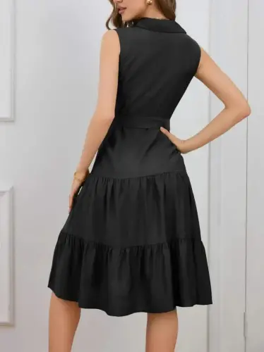 Kadın Kısa Kollu Gömlek Yaka Düğmeli Beli Kuşaklı Katlı Dokuma Midi Elbise - BÜYÜKBEDENIZ (1)