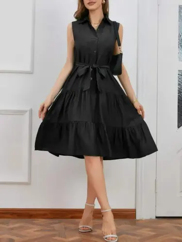 Kadın Kısa Kollu Gömlek Yaka Düğmeli Beli Kuşaklı Katlı Dokuma Midi Elbise - 1