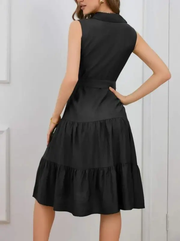 Kadın Kısa Kollu Gömlek Yaka Düğmeli Beli Kuşaklı Katlı Dokuma Midi Elbise - 2