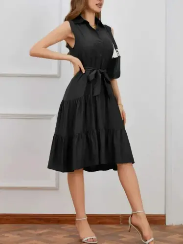 Kadın Kısa Kollu Gömlek Yaka Düğmeli Beli Kuşaklı Katlı Dokuma Midi Elbise - 3