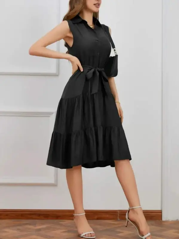 Kadın Kısa Kollu Gömlek Yaka Düğmeli Beli Kuşaklı Katlı Dokuma Midi Elbise - 3