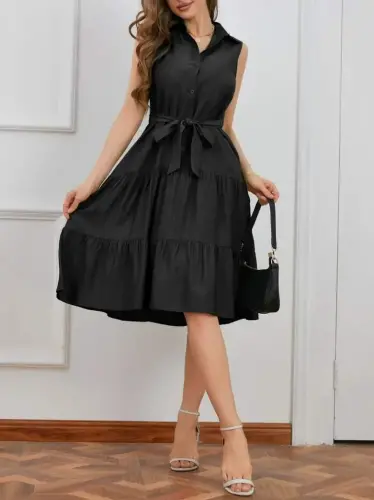 Kadın Kısa Kollu Gömlek Yaka Düğmeli Beli Kuşaklı Katlı Dokuma Midi Elbise - 4