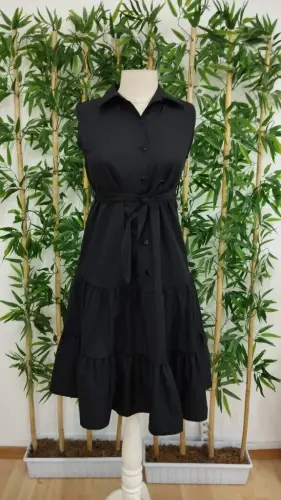 Kadın Kısa Kollu Gömlek Yaka Düğmeli Beli Kuşaklı Katlı Dokuma Midi Elbise - 5