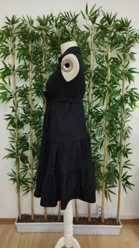 Kadın Kısa Kollu Gömlek Yaka Düğmeli Beli Kuşaklı Katlı Dokuma Midi Elbise - 6