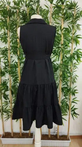 Kadın Kısa Kollu Gömlek Yaka Düğmeli Beli Kuşaklı Katlı Dokuma Midi Elbise - 7