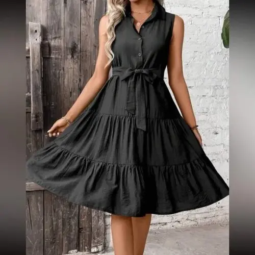 Kadın Kısa Kollu Gömlek Yaka Düğmeli Beli Kuşaklı Katlı Dokuma Midi Elbise - 9