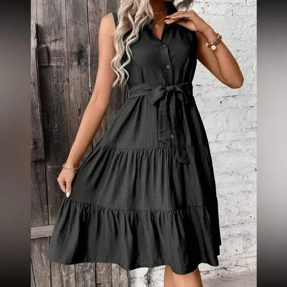 Kadın Kısa Kollu Gömlek Yaka Düğmeli Beli Kuşaklı Katlı Dokuma Midi Elbise - 10