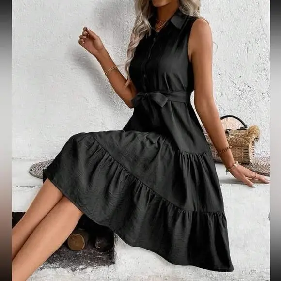 Kadın Kısa Kollu Gömlek Yaka Düğmeli Beli Kuşaklı Katlı Dokuma Midi Elbise - 11