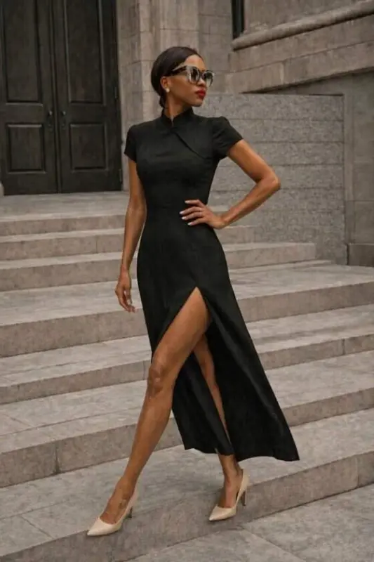 Kadın Kısa Kollu Hakim Yakalı Yırtmaçlı Midi Ithal Krep Elbise - 1