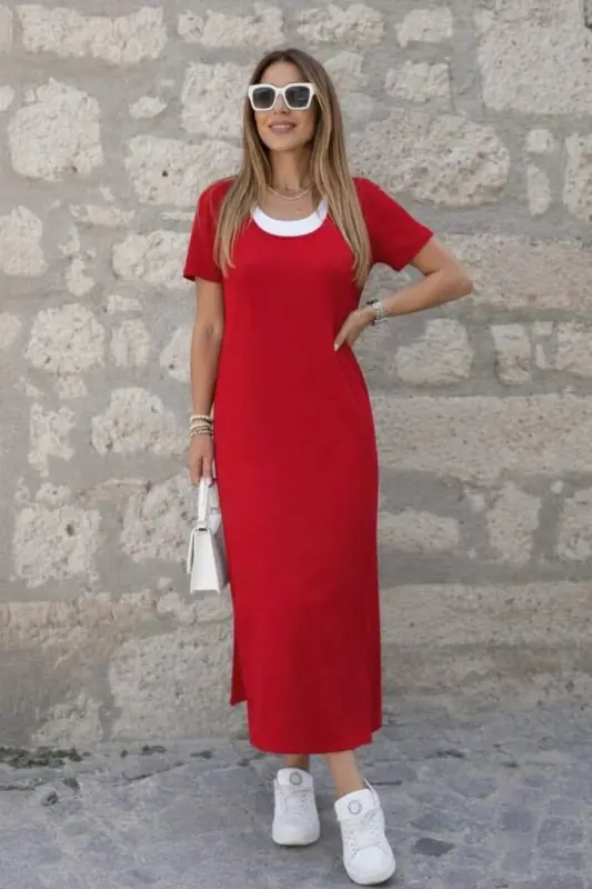 Kadın Kısa Kollu Içi Atlet Görünümlü Yandan Yırtmaçlı Uzun Viskon Elbise - 2