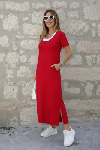 Kadın Kısa Kollu Içi Atlet Görünümlü Yandan Yırtmaçlı Uzun Viskon Elbise - 3