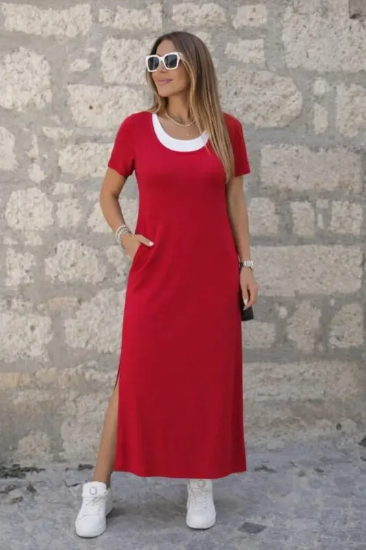 Kadın Kısa Kollu Içi Atlet Görünümlü Yandan Yırtmaçlı Uzun Viskon Elbise - 4