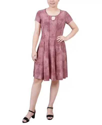 Women's Short Sleeve Jacquard Knit Seamed Dress - Mauve Tie Dye 