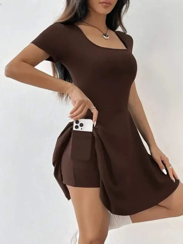 Kadın Kısa Kollu Kare Yaka Short Detaylı Cepli Dalgıç Elbise - 2
